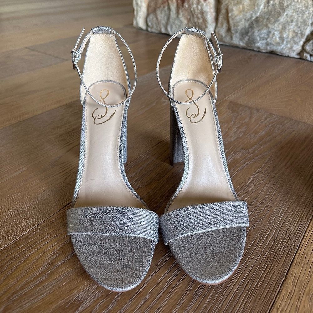 SAM EDELMAN Yaro Block Heel Sandal Pewter Metallic Ankle Strap 10.5 NEW - Picture 3 of 12